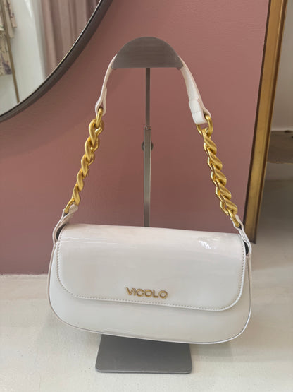 Borsa a spalla con catena bianco lucido