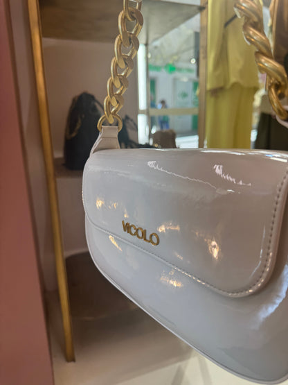 Borsa a spalla con catena bianco lucido