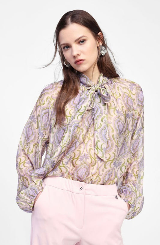 Blusa stampa decorativa maniche lunghe e tie neck