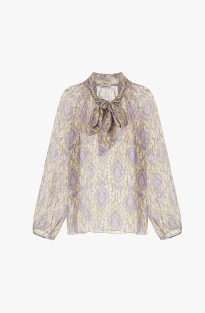Blusa stampa decorativa maniche lunghe e tie neck