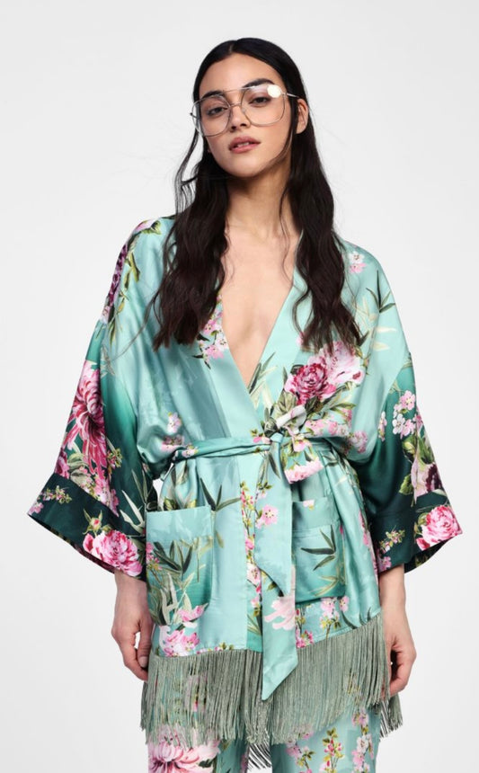 Kimono con motivo floreale e tasche